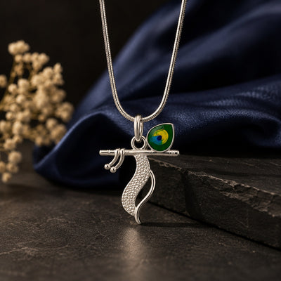 Silver Flute and Peacock Feather Emerald Charm Pendant