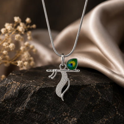 Silver Flute and Peacock Feather Emerald Charm Pendant