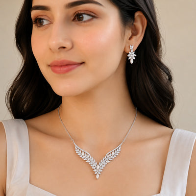 Silver Chevron Stone Cluster Necklace Set
