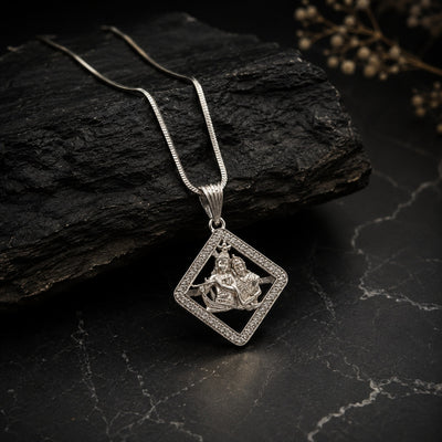 Silver Radha Krishna Diamond-Shaped Charm Pendant