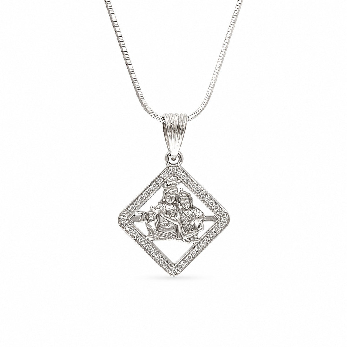 Silver Radha Krishna Diamond-Shaped Charm Pendant