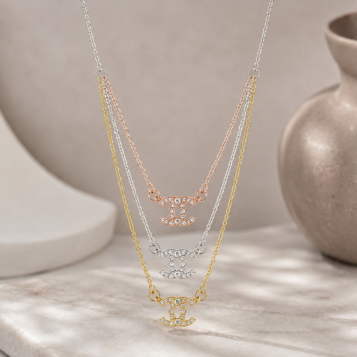 Silver Crystal Interlocking 'C' Layered Necklace
