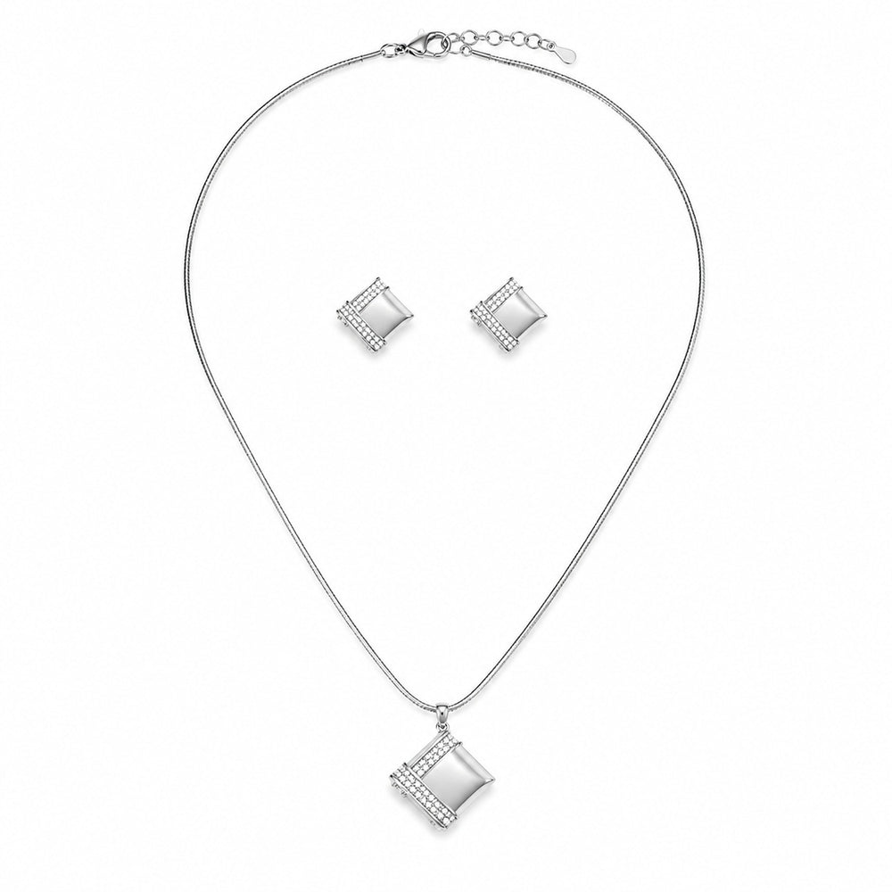 Silver Geometric Diamond Shaped Pendant & Earrings Set