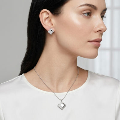 Silver Geometric Diamond Shaped Pendant & Earrings Set