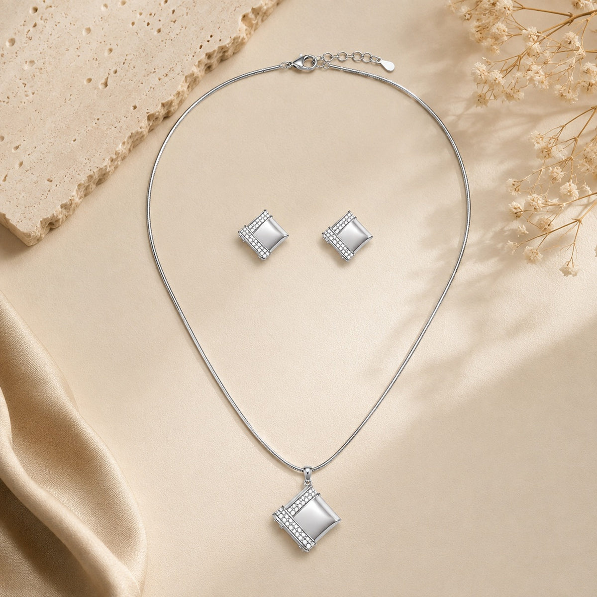 Silver Geometric Diamond Shaped Pendant & Earrings Set