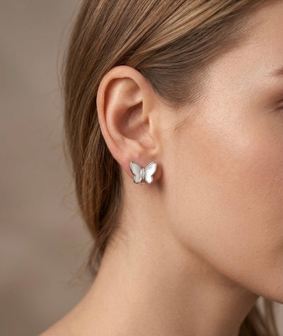 Silver Pearl Inlay Butterfly Stud Earrings
