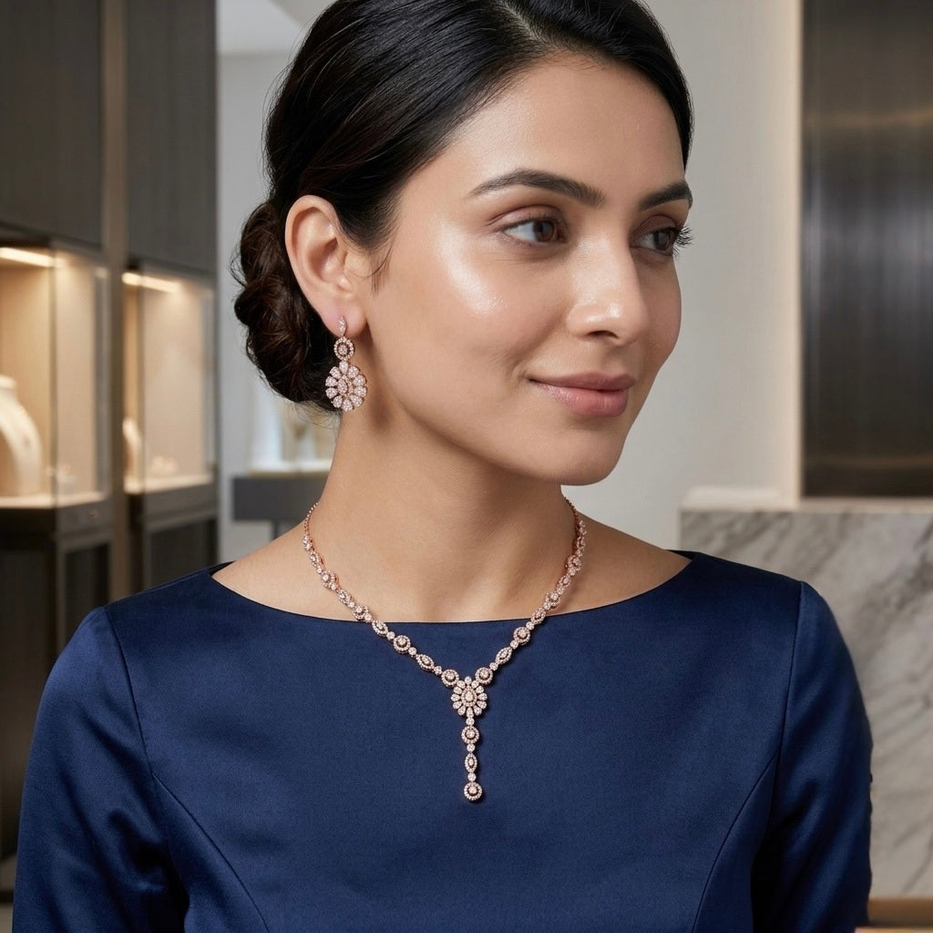 Rose Gold Plated Silver Drop Necklace Set