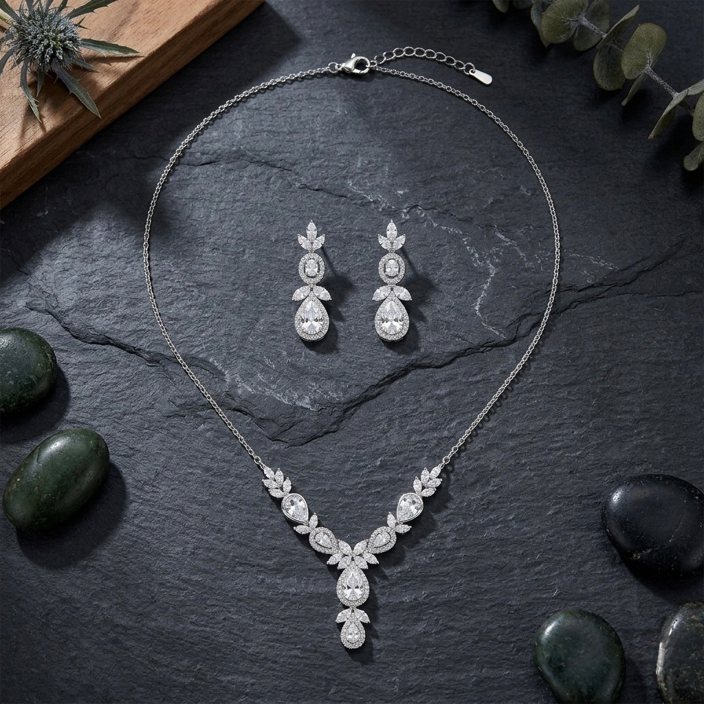 Silver Stone Floral Drop Necklace Set