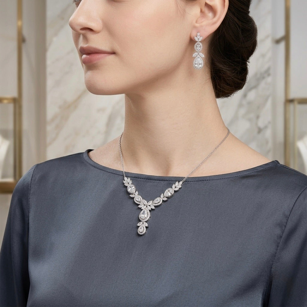 Silver Stone Floral Drop Necklace Set