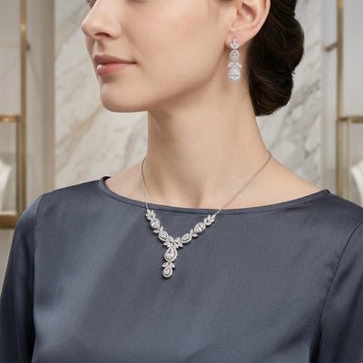 Silver Stone Floral Drop Necklace Set