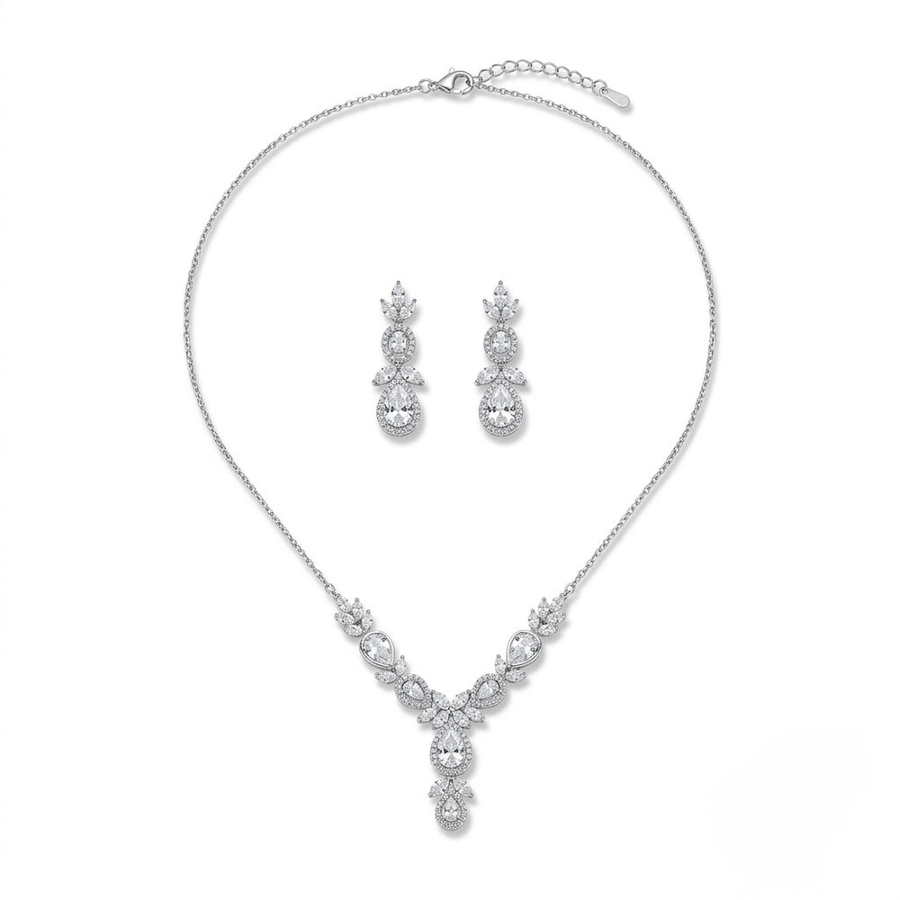 Silver Stone Floral Drop Necklace Set