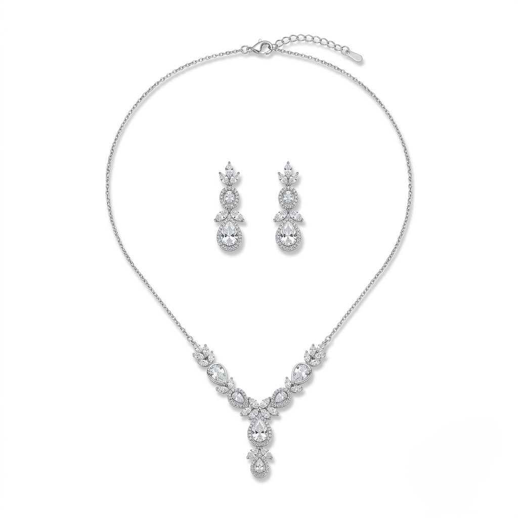 Silver Stone Floral Drop Necklace Set