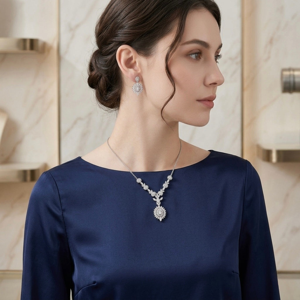Silver Sunburst Drop Necklace Set