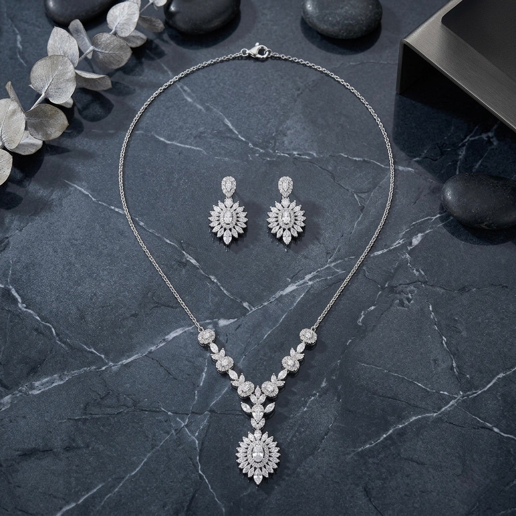 Silver Sunburst Drop Necklace Set