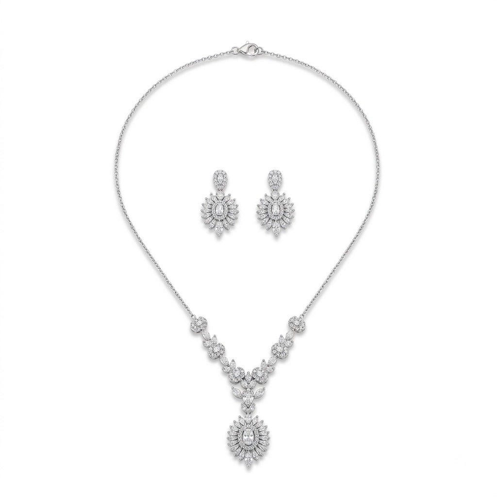 Silver Sunburst Drop Necklace Set