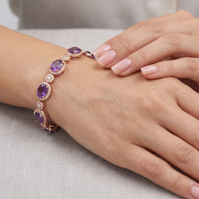 Rose Gold Oval Amethyst Halo Link Bracelet