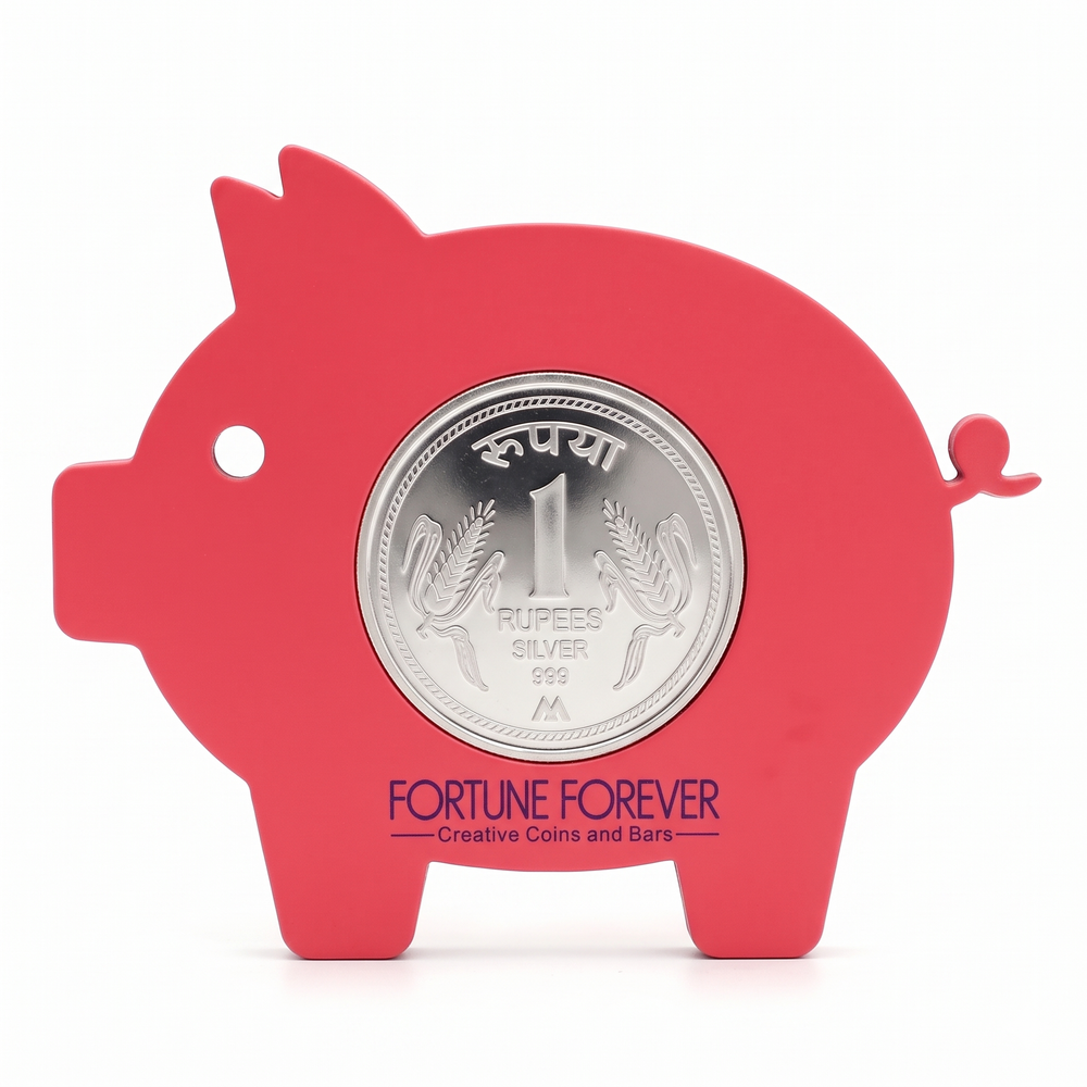Silver 1 Rupee Coin in Pink Pig Holder - 10g