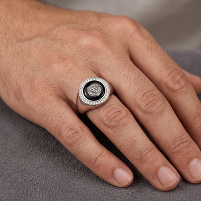 Silver Onyx and Lion Motif Signet Ring