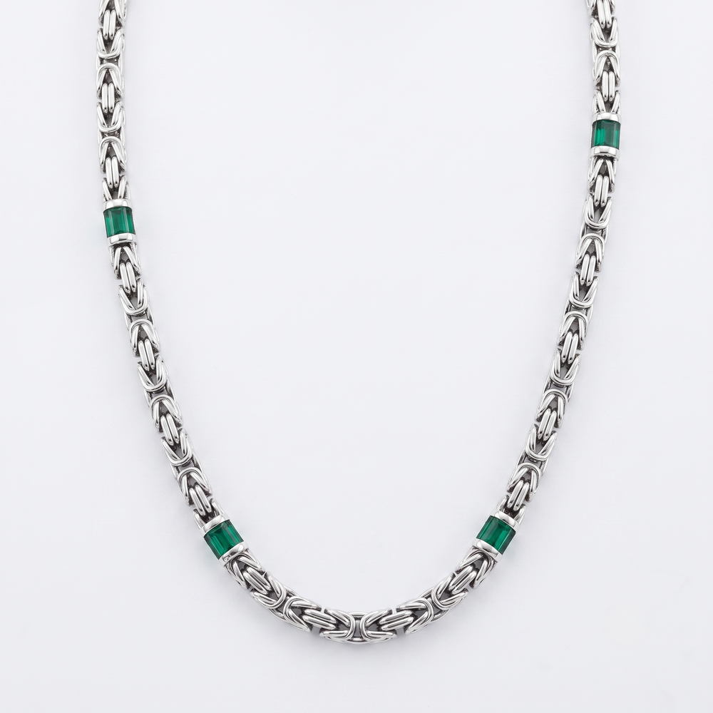 Silver Byzantine Chain Necklace with Emerald Stations