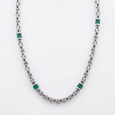 Silver Byzantine Chain Necklace with Emerald Stations