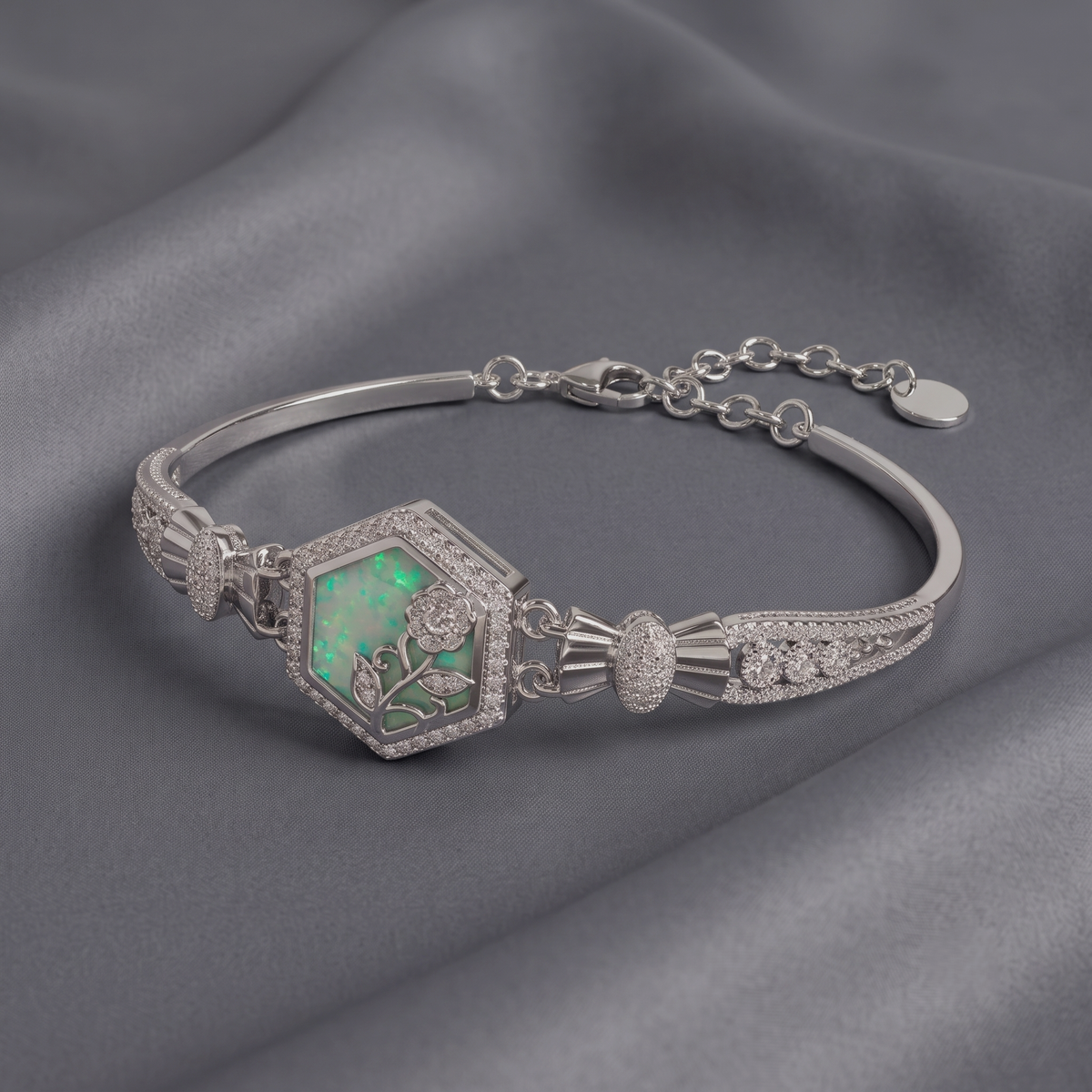 Silver Hexagonal Floral Opal Bracelet