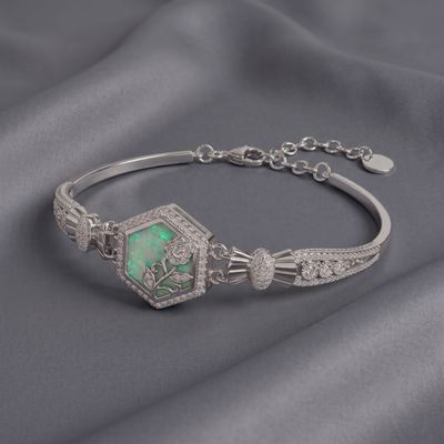 Silver Hexagonal Floral Opal Bracelet