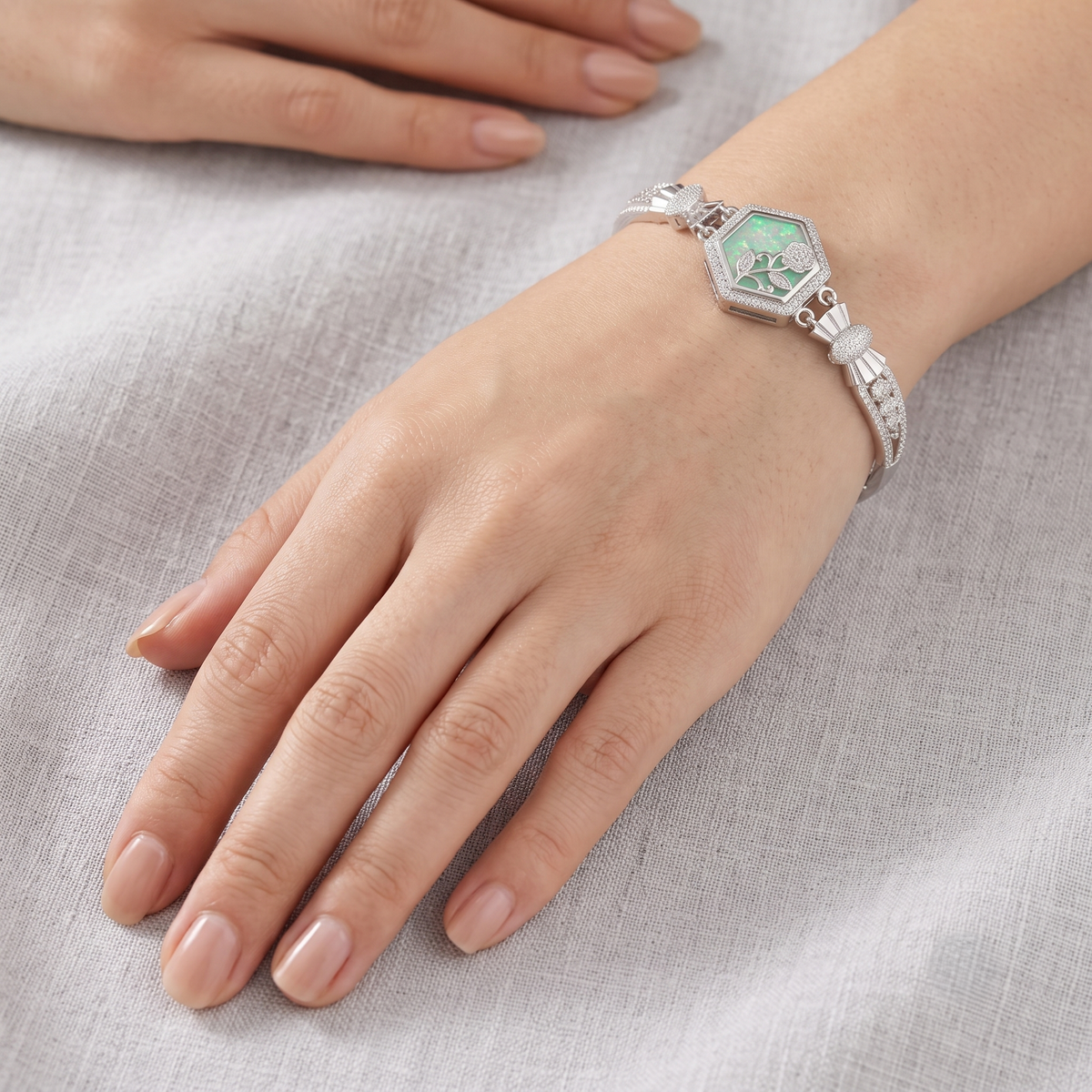 Silver Hexagonal Floral Opal Bracelet