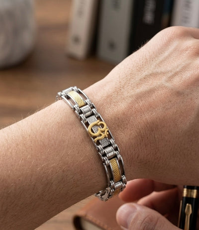 Silver Two-Tone Chain Bracelet with Om Symbol