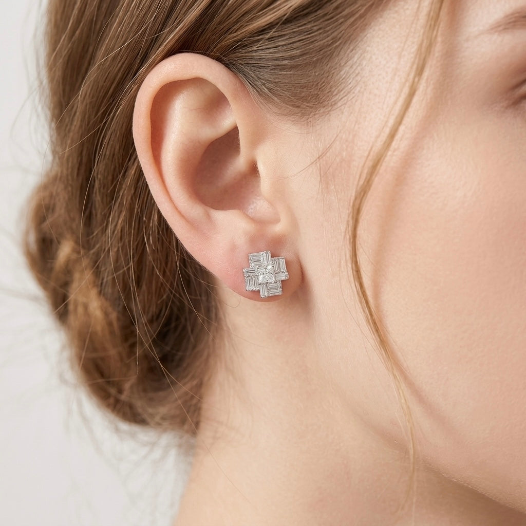 Silver Geometric Baguette Stone Cluster Stud Earrings