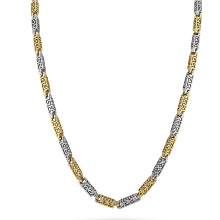 Silver Two-Tone Greek Key Link Chain