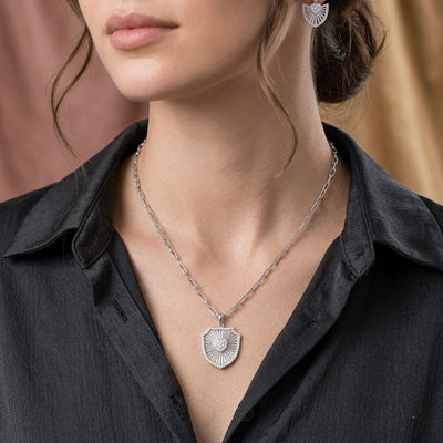 Silver Shield Pendant with Paperclip Chain