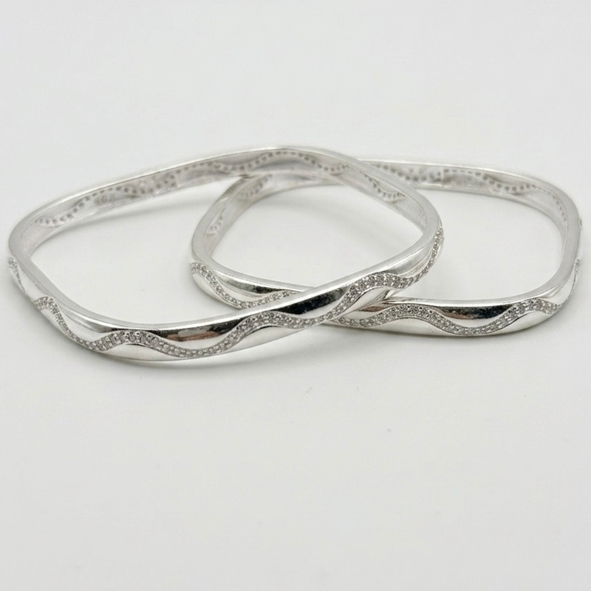 Silver Wavy Accent Kada Bangles (Set of 2)