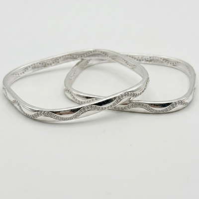 Silver Wavy Accent Kada Bangles (Set of 2)