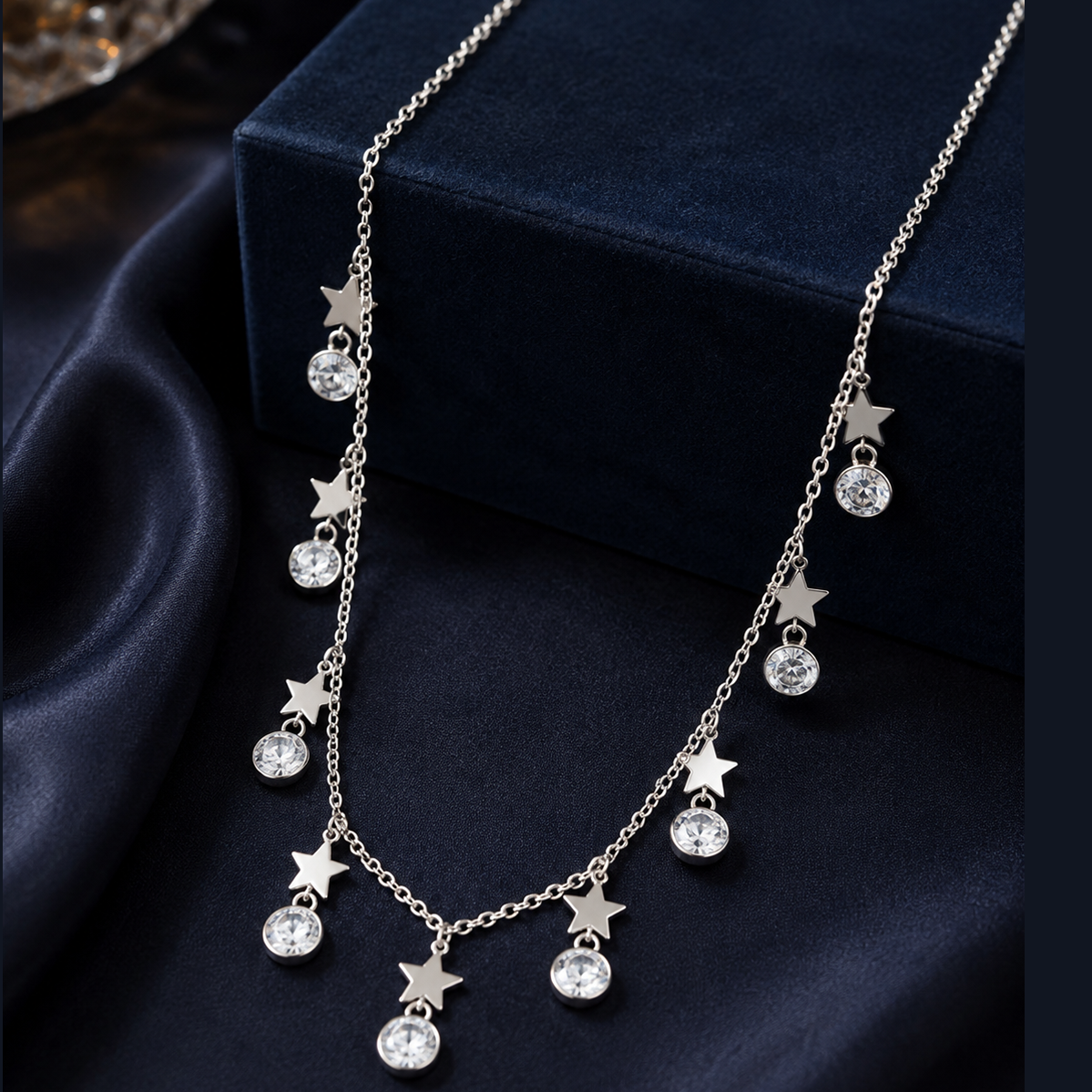 Silver Star and Crystal Drop Charm Necklace