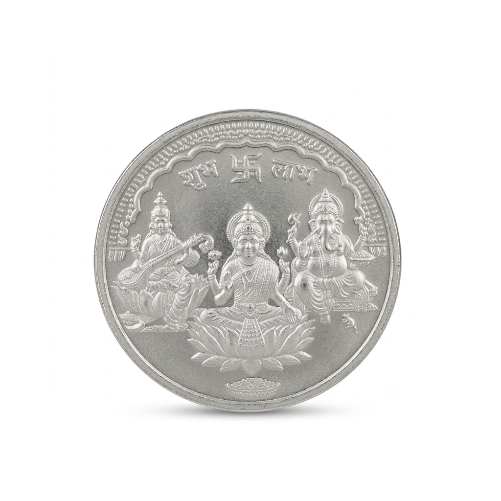 Embossed Silver Coin Featuring Saraswati, Lakshmi, and Ganesha - 5 g