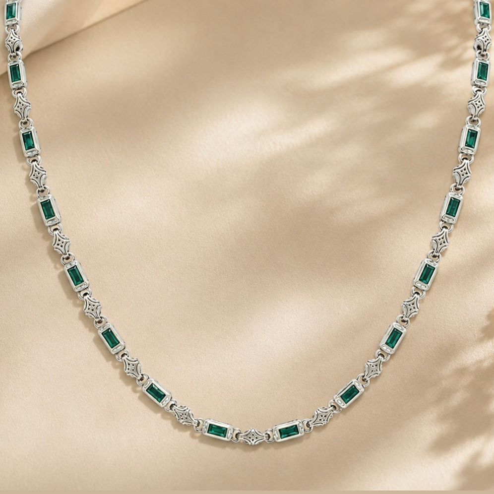 Silver Emerald and Filigree Link Chain