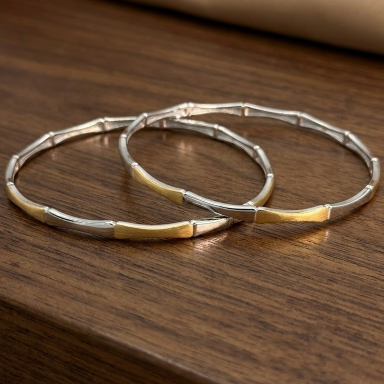 Silver Two-Tone Bamboo Design Bangle (Set of 2)