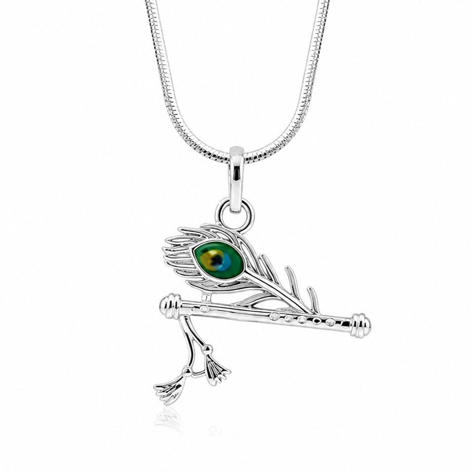 Silver Flute and Peacock Feather Emerald Charm Pendant