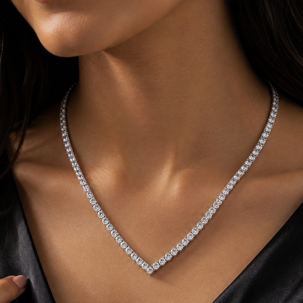 Silver V-Shaped Tennis Necklace