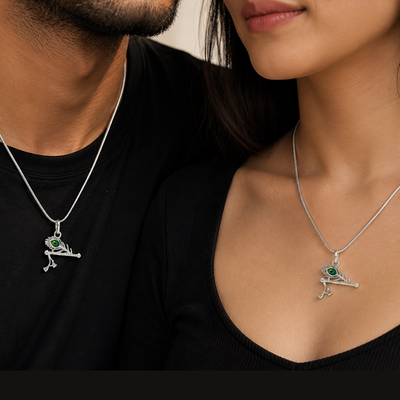 Silver Flute and Peacock Feather Emerald Charm Pendant