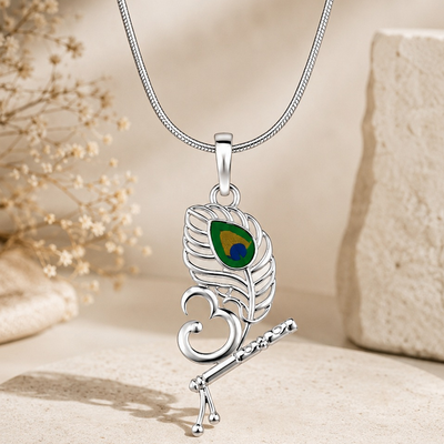 Silver Om Flute and Peacock Feather Pendant