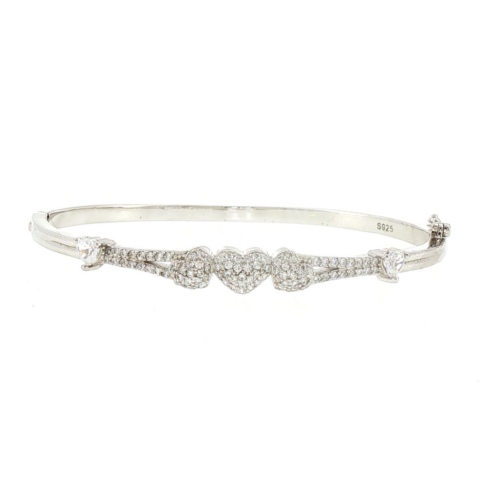 Silver Stone Pave Triple Heart Bangle Bracelet