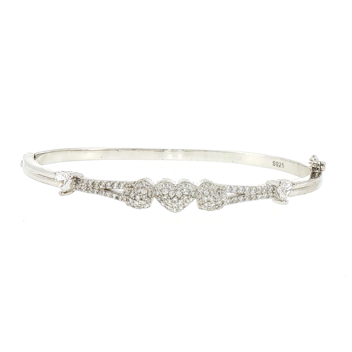 Silver Stone Pave Triple Heart Bangle Bracelet