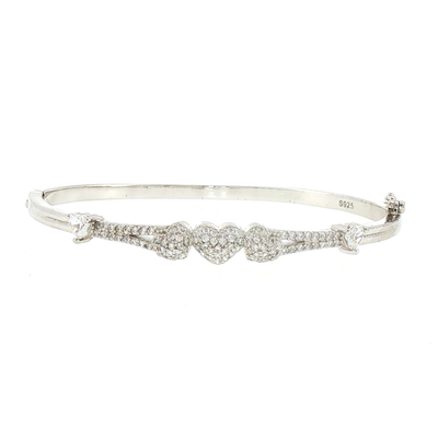 Silver Stone Pave Triple Heart Bangle Bracelet