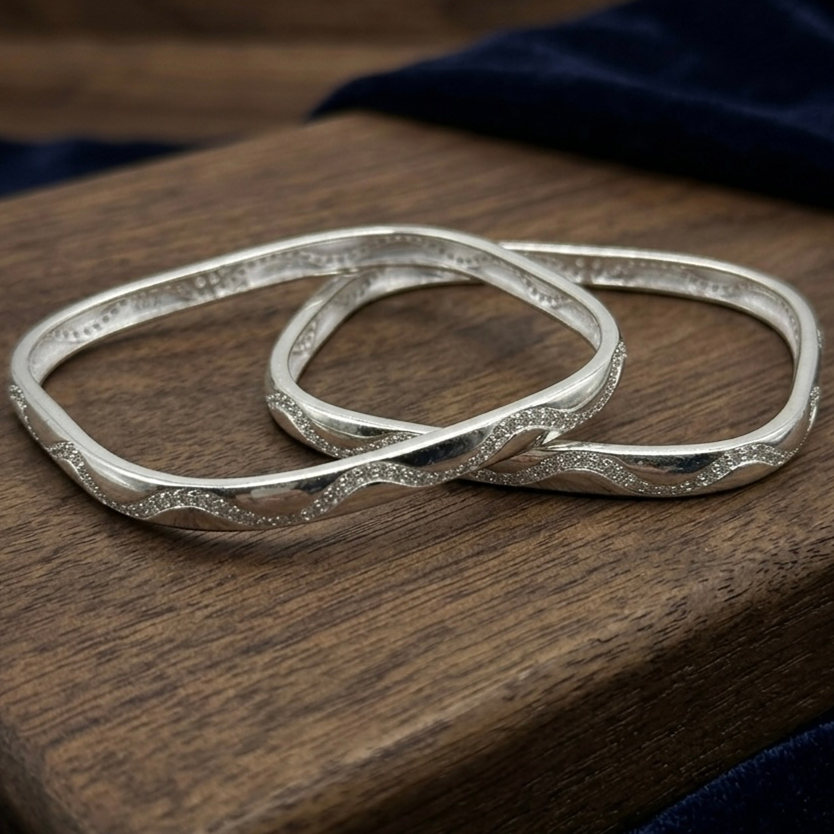 Silver Wavy Accent Kada Bangles (Set of 2)