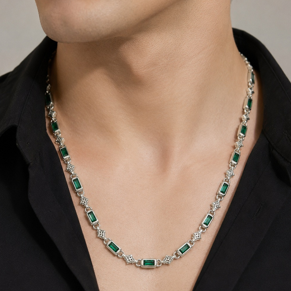 Silver Emerald and Filigree Link Chain