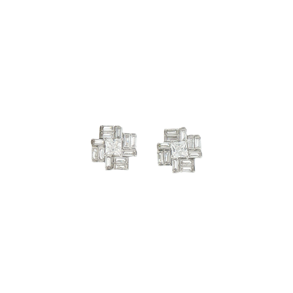 Silver Geometric Baguette Stone Cluster Stud Earrings