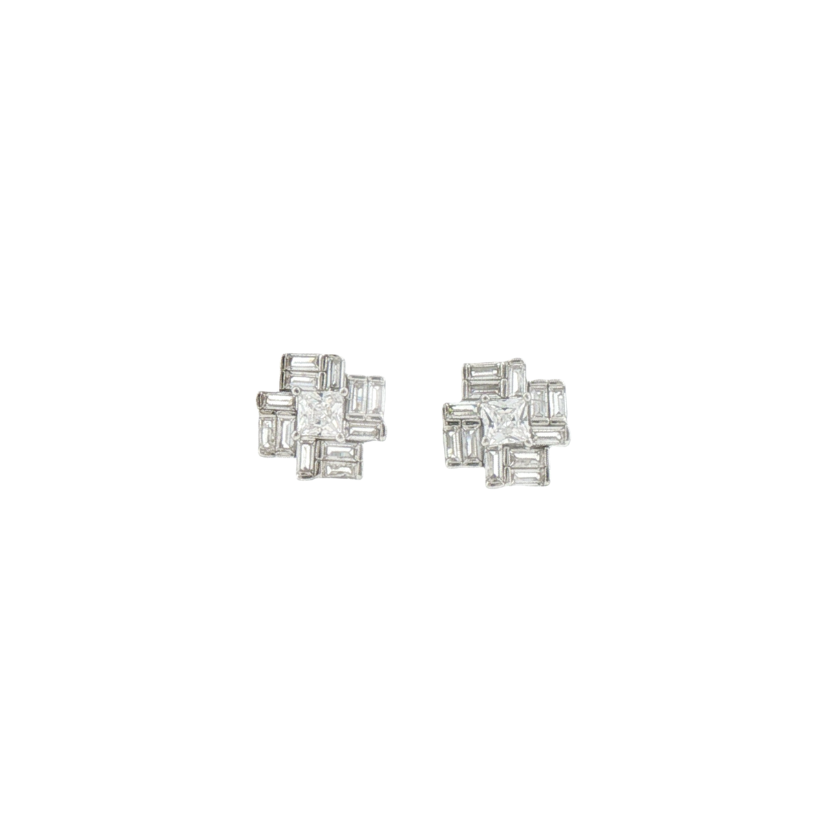 Silver Geometric Baguette Stone Cluster Stud Earrings