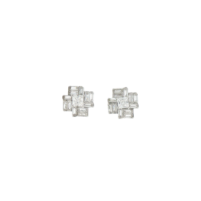 Silver Geometric Baguette Stone Cluster Stud Earrings