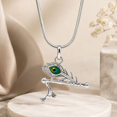 Silver Flute and Peacock Feather Emerald Charm Pendant